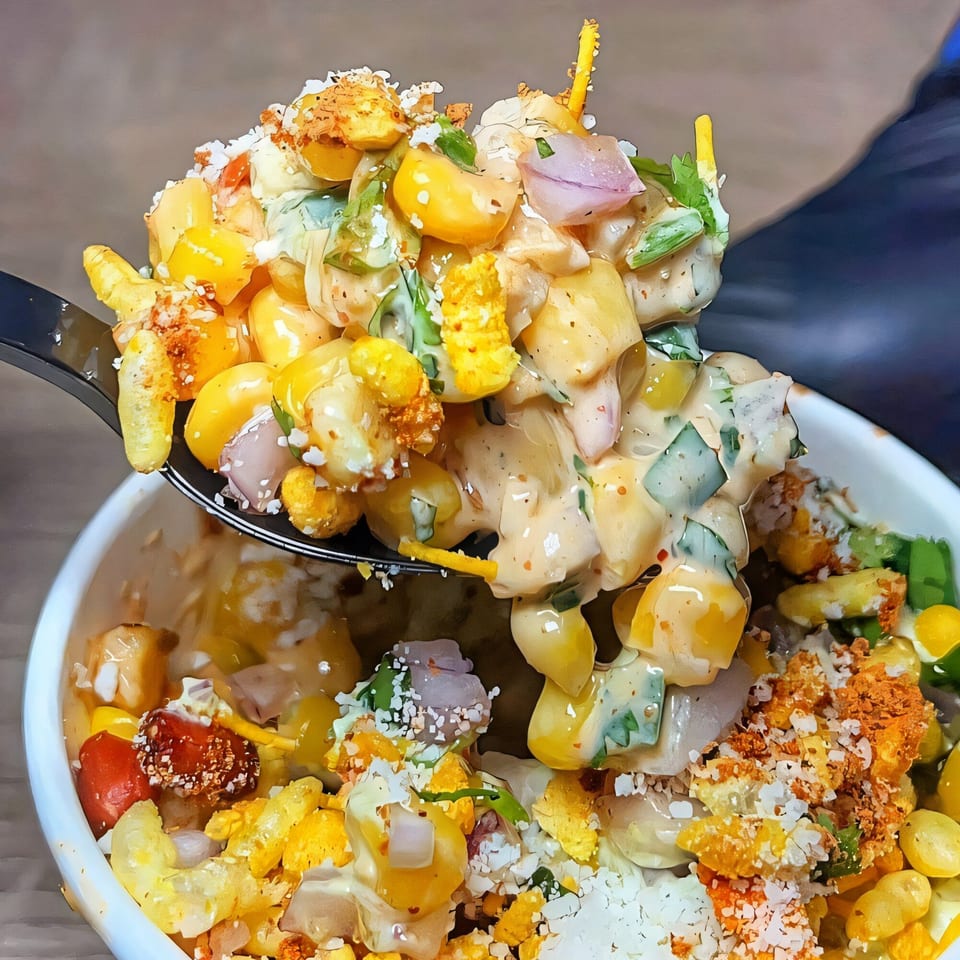A spoonful of Nishaan's corn salad with onions, spices, and creamy dressing, lifted from a white bowl.